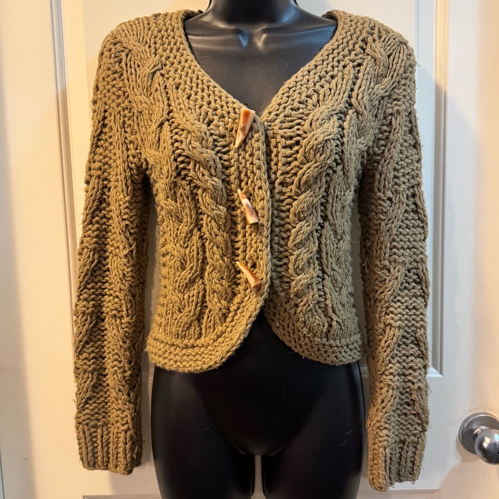 LOVE SEX MONEY Italy Vintage Chunky Cable Knit Cardigan Detachable Fur Collar-XS - Picture 8 of 10
